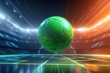 Naklejka premium Green Futuristic Soccer Ball on Digital Stadium Field Under Colorful Lights
