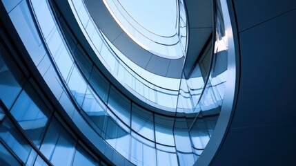 Fototapeta premium Abstract architectural photography of a modern building's curved glass facade, showcasing a unique design and reflecting the sky. : Generative AI
