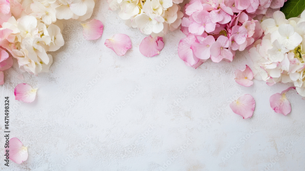 Poster pink and white hydrangeas with scattered petals create a delicate floral border on a light textured 