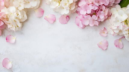 Pink and white hydrangeas with scattered petals create a delicate floral border on a light textured background, perfect for wedding invitations or feminine designs. : Generative AI