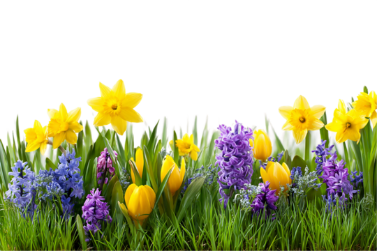 Vibrant Spring Flowers: Yellow Daffodils and Purple Hyacinths in Green Grass, PNG