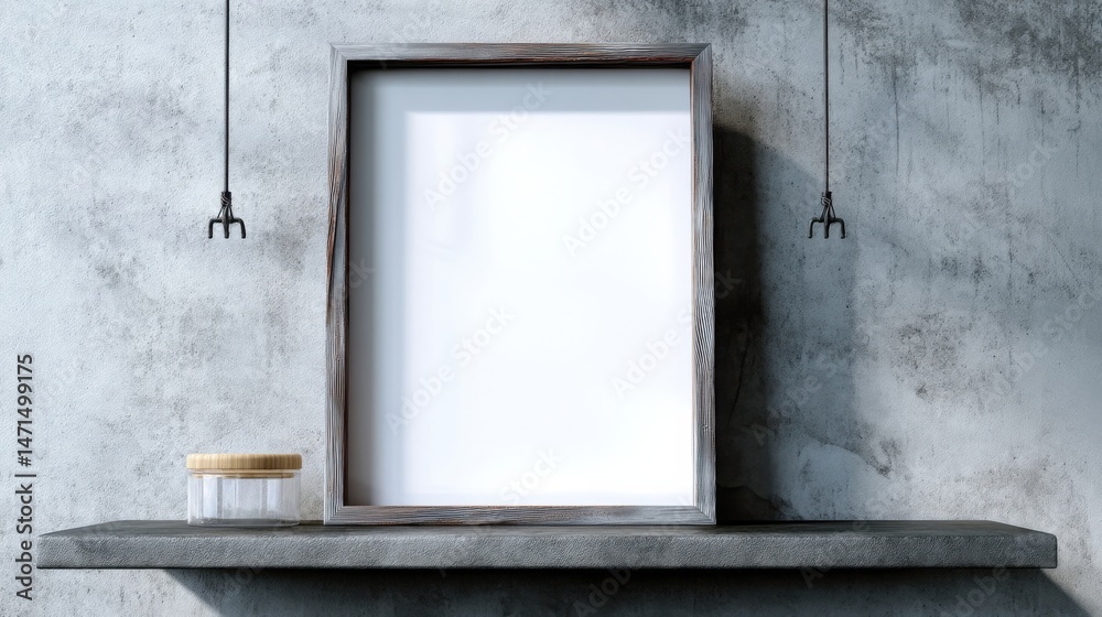 Poster Empty rustic wooden frame on a concrete shelf with a glass jar and hanging claw hooks, providing a minimalist mockup for design presentations. : Generative AI