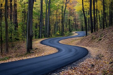 Fototapeta premium Winding Road Through Autumn Forest Covered in Wet Fallen Leaves