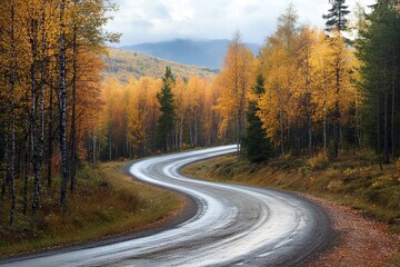 Fototapeta premium Winding Road Through Autumn Forest Covered in Wet Fallen Leaves
