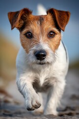 Energetic Jack Russell Terrier playfully bounding across a sandy beach, capturing the essence of joy and vitality in a vivid, dynamic portrait setting.