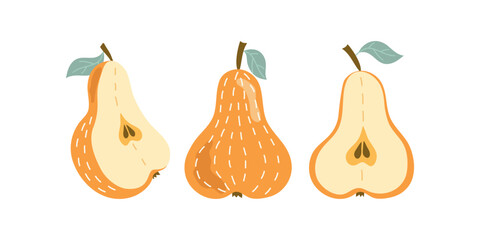 Pear, cartoon fruit. Slices and whole fruit with leaves. Vitamin natural vegetarian food, garden crop, harvest. Drawing, flat illustration, white isolated background.