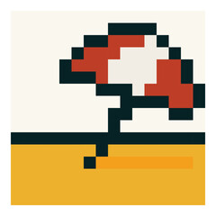 Pixel style vector image of a beach with a red and white umbrella and golden sand. Inspired by 8 bit retro games, ideal for summer, vacation, and holiday design themes. Vector illustration isolated on