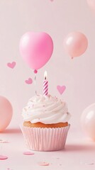 Heart-Shaped Balloon and Cupcake with Candle for Celebration
