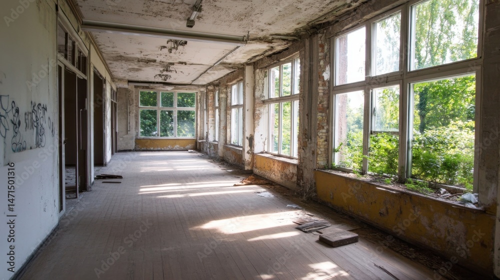 Poster sunlit corridor in an abandoned building: overgrown nature through decaying windows, showing the pas
