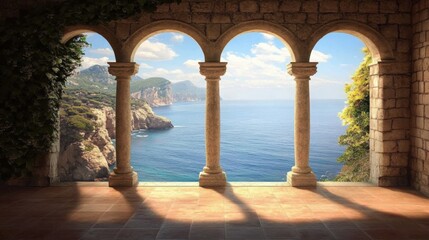 Stone Archway Overlooking Ocean with Intricate Carvings, Ivy, and Tiled Floor, Surrounded by Brick Walls, Cliff, and Island Views