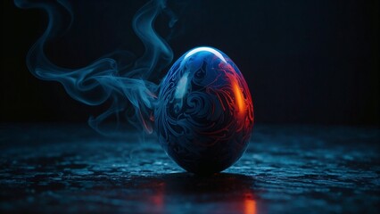 A single egg resting on a reflective surface, surrounded by swirling ethereal smoke in a dark, cinematic space with deep blue and fiery red lighting