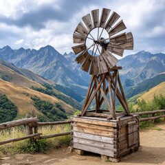 Historic 1800s windmill structure standing on a scenic mountain plateau under an overcast sky with a picturesque mountainous backdrop view.