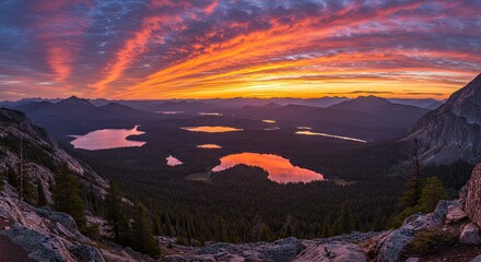 Majestic mountain vista at sunrise, reflecting on tranquil lakes