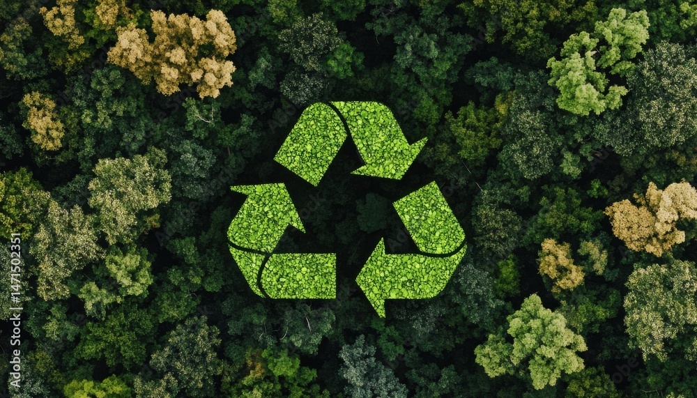 Poster aerial view of a lush forest canopy with a prominent recycling symbol formed by the trees themselves