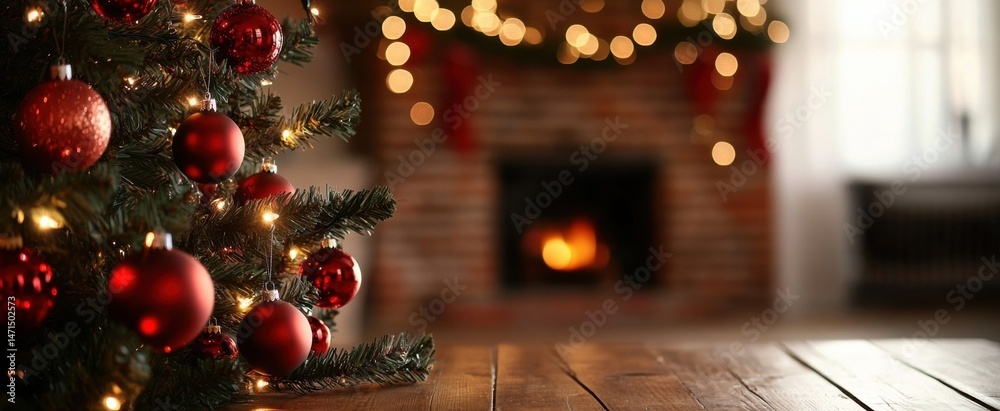Poster a rustic wooden table sits before a christmas tree adorned with red ornaments and a warm, inviting f
