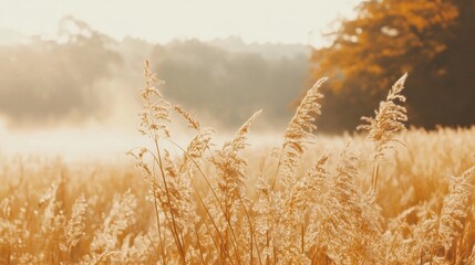 Tranquil Scene: Golden Brown Tall Grasses Swaying in Misty Landscape with Trees, Mountains, and Pale Blue Sky