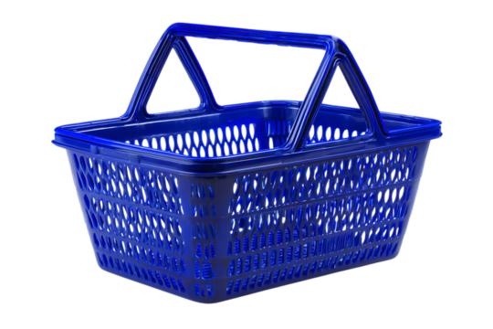 Modern blue plastic shopping basket in 3D render