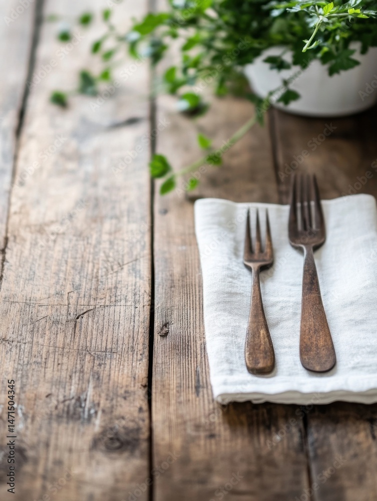 Poster rustic wooden table setting with antique forks on a linen napkin, complemented by a blurred backgrou