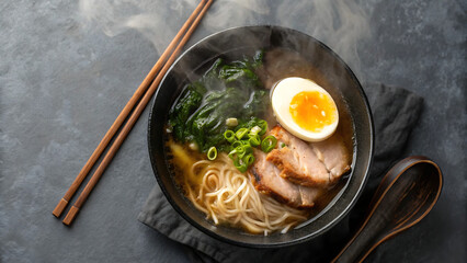 Steaming Ramen Bowl: A delectable bowl of ramen noodles, rich broth, tender pork slices, a soft boiled egg, spinach, and scallions, steaming deliciously.