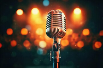 Vintage microphone close-up on stand with orange and yellow lights, blurred concert venue background. Energetic and celebratory atmosphere