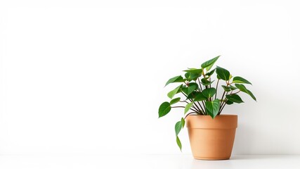 Obraz premium A vibrant green houseplant in a terracotta pot sits against a clean white background providing a minimalist aesthetic.