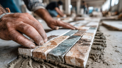 Close up of hands carefully laying tiles on freshly laid floor, grout filling gaps, in newly renovated kitchen