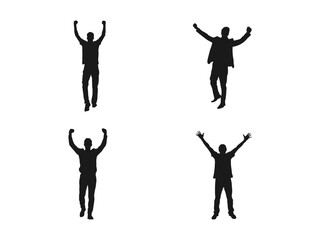 man with raised hands silhouette. Silhouettes of men with hands in the air. Man standing and waving with his hand, isolated vector silhouette.