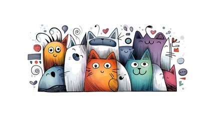 Happy birthday card with funny cartoon cats illustration