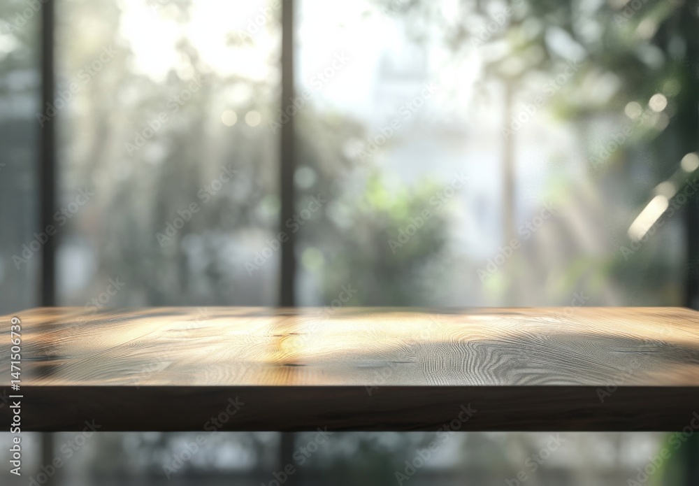 Aufkleber empty wooden table top against a blurred background of sunlit greenery seen through a large window, 