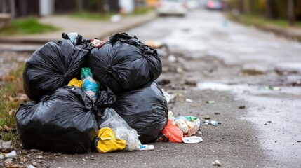 Pile of black garbage bags overflowing with household waste sits on a rain-slicked street, near a blurred residential area. : Generative AI