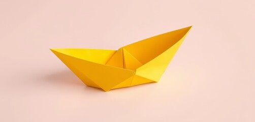 Naklejka premium A cheerful yellow origami boat sits on a soft pastel background, detail, decoration
