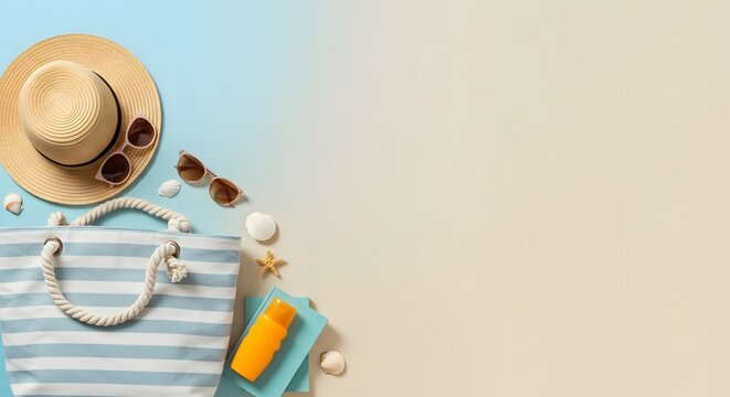 Summer vacation flat lay with straw hat and striped beach bag on blue background, tropical travel accessories with copy space for seasonal marketing