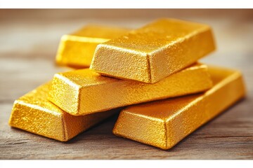 Stack of shimmering gold bars on wooden surface