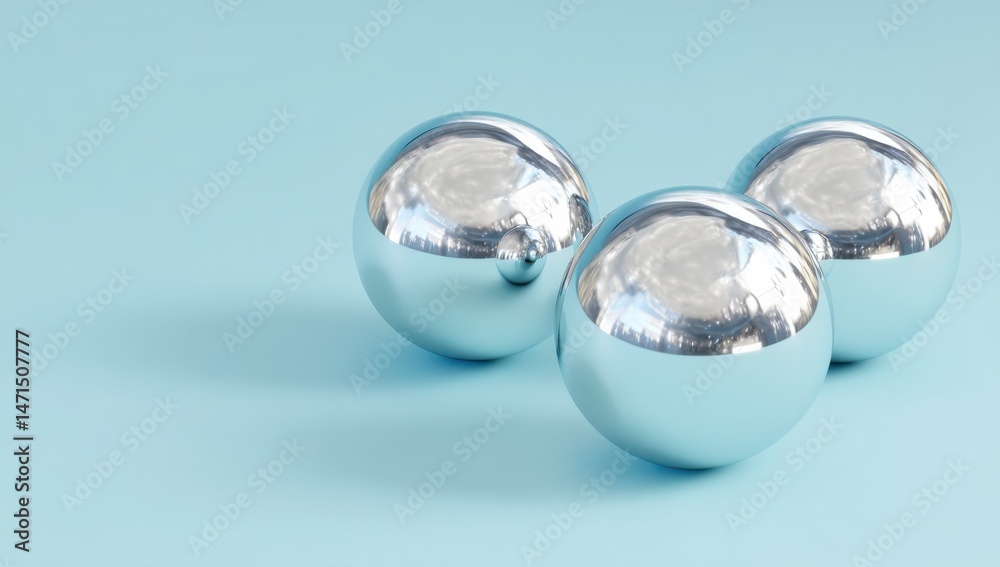 Poster Three chrome spheres reflect a light blue background, creating a minimalist and modern aesthetic.  The reflective surfaces distort the background, adding depth and visual interest. : Generative AI