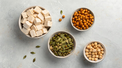 Culinary Composition: Overhead perspective presents tofu, chickpeas, pumpkin seeds, and soy beans in a visually appealing array, perfect for health and food themes.