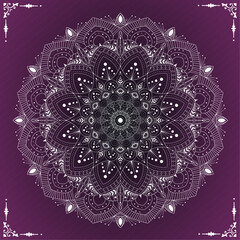 Glowing Ornamental Floral Mandala Vector Design for Wall Art, Greeting Card, Home Decor, Poster, Fabric Print, Digital Background, Invitation, Ornament, Logo, Coloring Book with White, Violet Color 