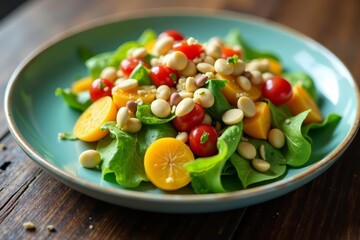 Close-up of a heart-shaped plate with a healthy salad and seeds, plate, salad