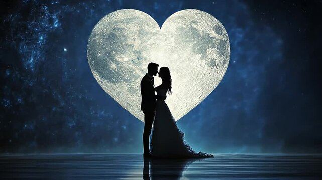 Romantic Silhouette Couple Kissing Under Heart Moonlit Night Fantasy Setting
