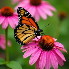 Fototapeta premium Close-up of a monarch butterfly perched on pink coneflowers, beauty, flora, close-up