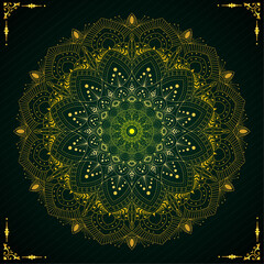 Glowing Ornamental Floral Mandala Vector Design for Wall Art, Greeting Card, Home Decor, Poster, Fabric Print, Digital Background, Invitation, Ornament, Logo, Coloring Book with Golden-Green Color 