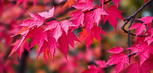 Fototapeta premium Close-up of artificially pink-painted autumn leaves on a tree branch, leaf, whimsical