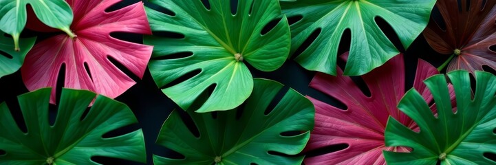 Close-up of assortment of green and pink tropical leaves, flora, botanical