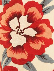 Fototapeta premium Embroidered Floral Design Red Peach Cream Needlework Textile Art home craft retro petal bloom decor