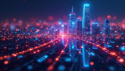 Fototapeta premium Close-up of a futuristic cityscape with holographic projections and interconnected data streams , technological advancement, holographic, digital transformation technology