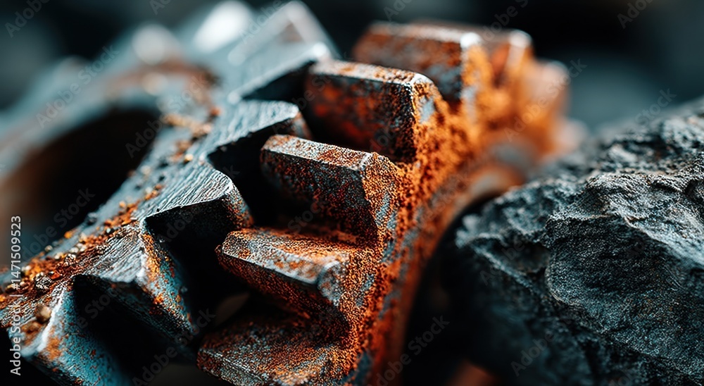 Fototapete Close-up of rusty gears interlocked, showing intricate detail and texture.  The metallic components display a mix of dark teal and burnt orange hues, suggesting age and wear. : Generative AI