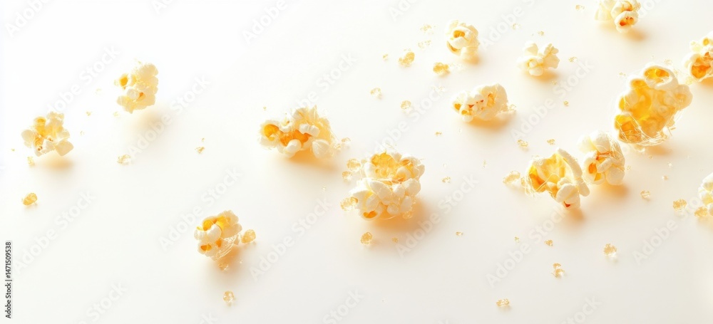 Poster scattered popcorn pieces on a white surface, showcasing the texture and light color of the kernels, 