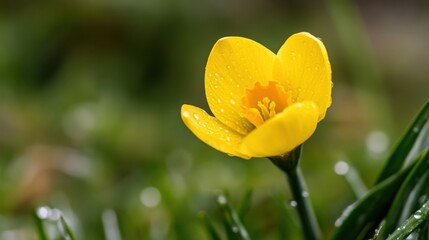 A single, vibrant yellow crocus flower, glistening with morning dew, stands tall amidst a soft-focus backdrop of green grass. : Generative AI