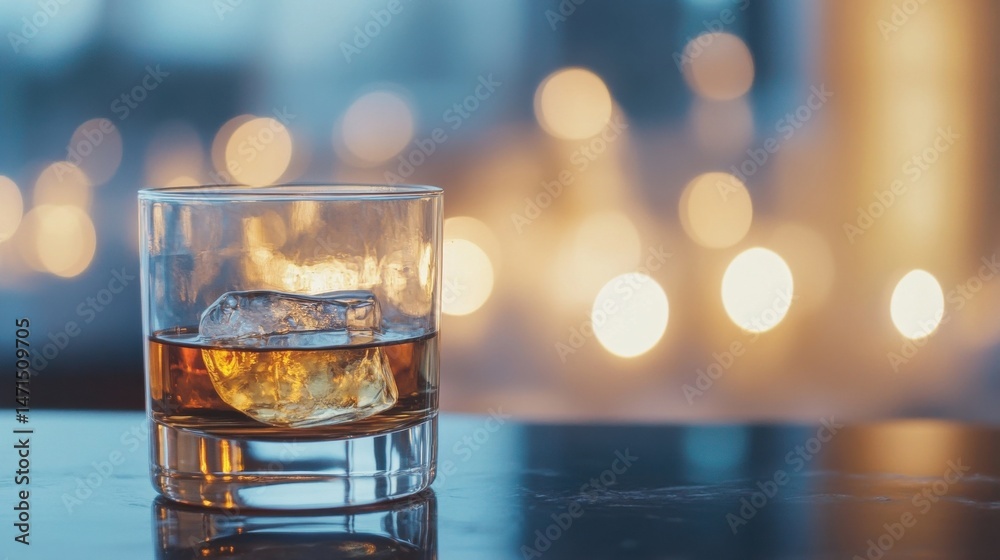 Poster a rocks glass of amber whiskey sits on a dark table, illuminated by a soft, warm bokeh of out-of-foc