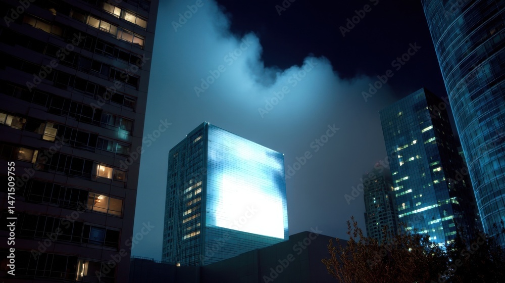 Poster night cityscape featuring a modern building with a large, illuminated blank billboard, surrounded by