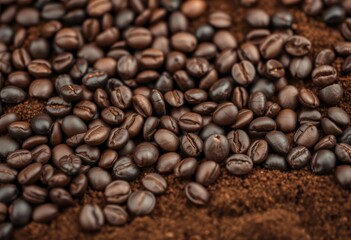 Fototapeta premium Close-up of dark roasted coffee beans scattered on rich brown coffee grounds, cappuccino, background